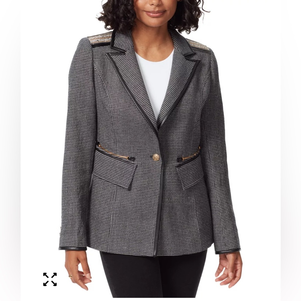 Sam Edelman Embellished Military Style Black White Houndstooth Blazer Size L - Picture 1 of 8